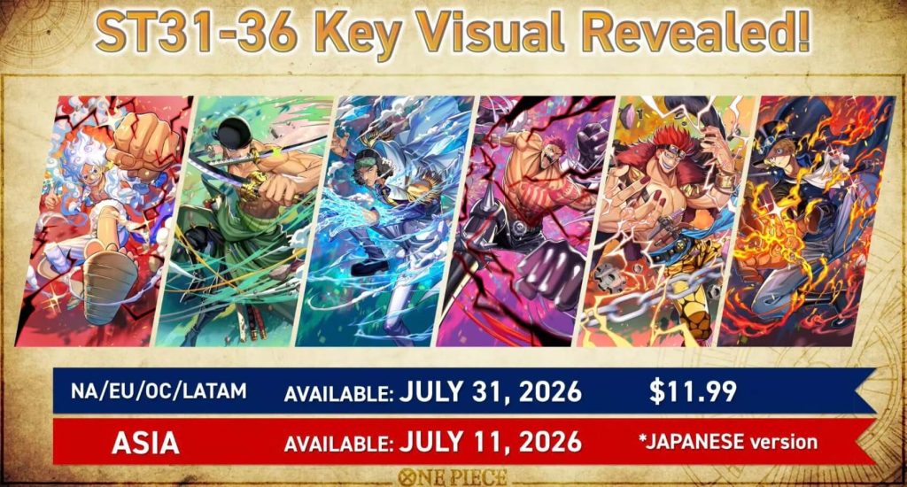 Six Starter Decks ST-31 a ST-36 mono-couleur One Piece Card Game 2026