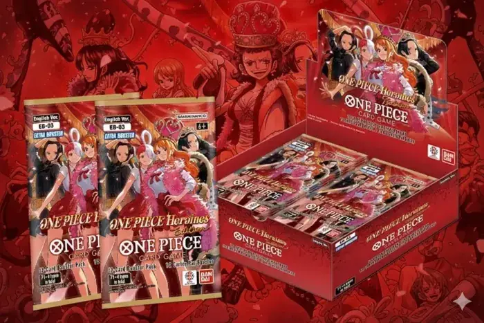 Display box et boosters EB-03 Heroines Edition One Piece Card Game avec illustrations des heroines Nami, Hancock et Robin